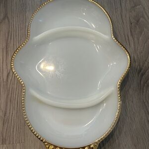 Anchor Hocking Fire King Milk Glass and Gold Relish Dish